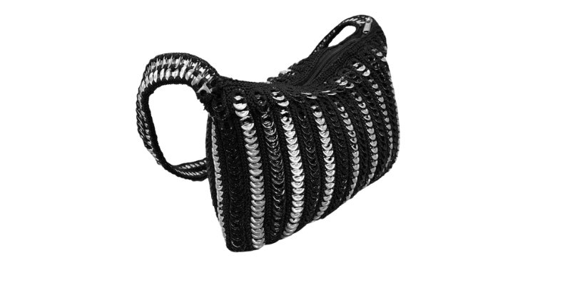 Close-up of a handbag woven from recycled aluminum pull-tabs by Ivy Nhlapo